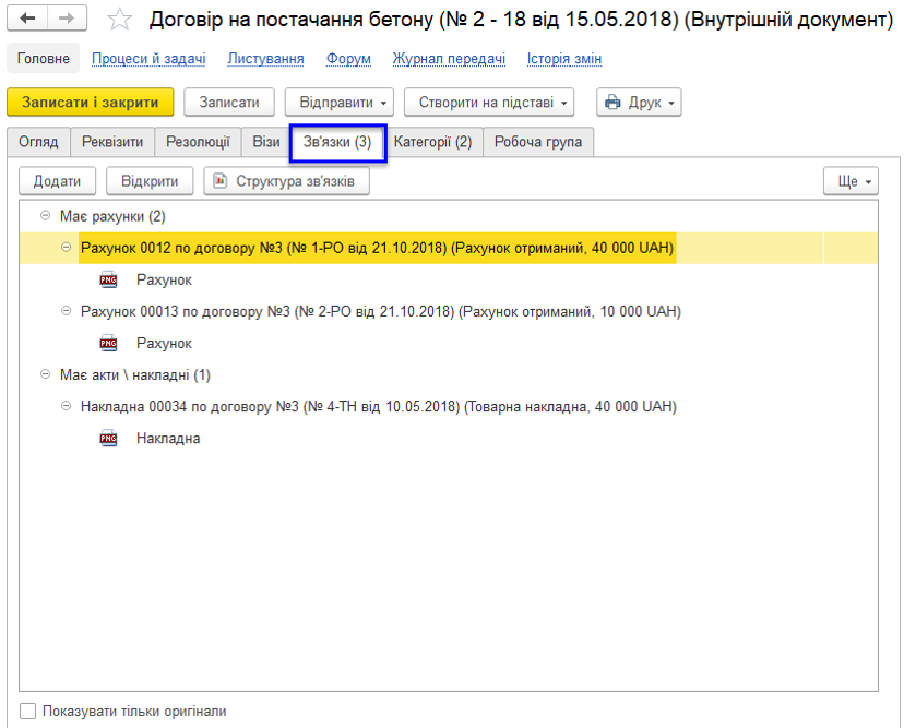 Картка договору зі списком пов’язаних документів.
